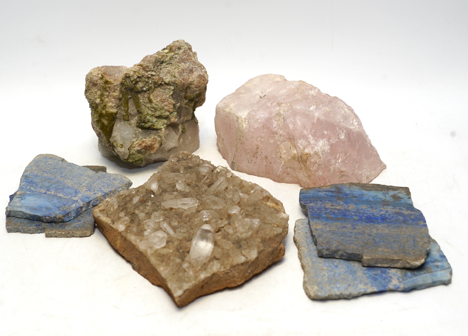 Assorted geodes including rose quartz and lapis lazuli, largest 15.5cm. Condition - fair